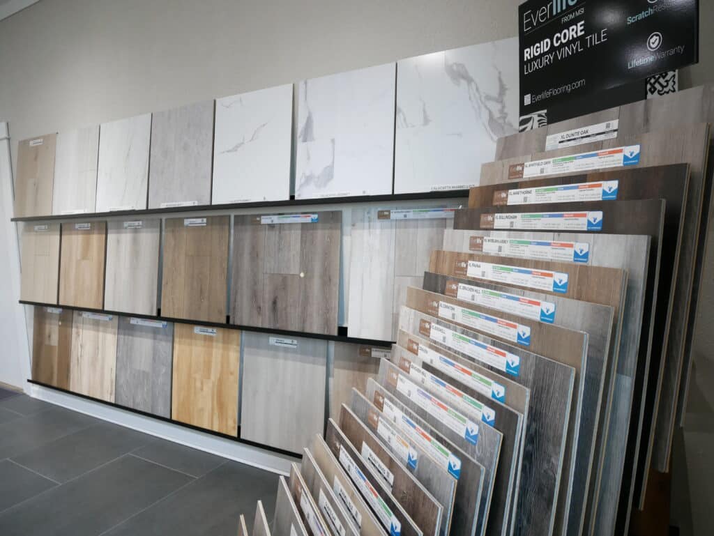 Selections of countertop material in our showroom