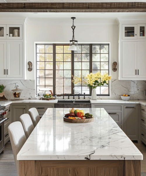 Marble countertops in farm style kitchen