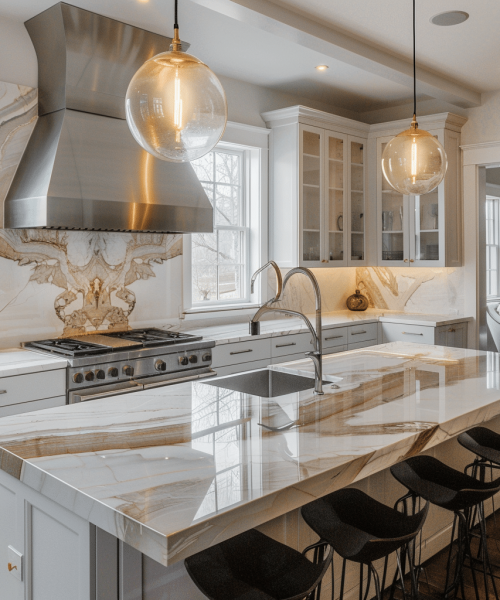 Marble countertops in kitchen